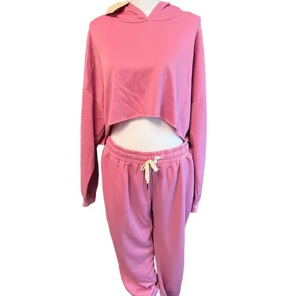 NWT Kittenish Matching 2pc Set Pink Cropped Hoodie Joggers Lounge Size XXL - Picture 2 of 9